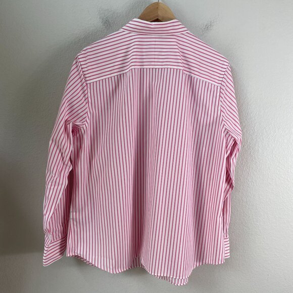 Chaps Classics Womens Plus 1X Pink White Striped No Iron Cotton Button Up Shirt - Picture 7 of 8